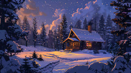 Poster - twilight snowfall on a rustic log cabin in the forest