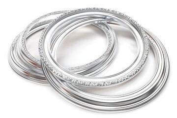 Close-up shot of stacked silver bangles on a white background, great for jewelry or accessory photography