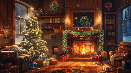 Wall Mural - Christmas eve ambiance: cozy living room adorned with a festive tree and crackling fireplace