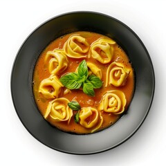 Poster - Delicious tortellini pasta in creamy tomato sauce, garnished with fresh basil in black bowl. Perfect example of Italian cuisine. Ideal for food blogs, menu designs, or culinary promotions. AI