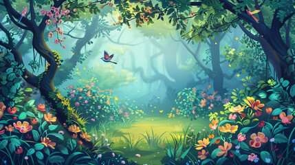 Aufkleber - Digital illustration of a sunny day in a lush green forest with vibrant flowers and flying birds