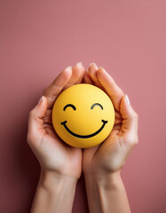 Woman hand holding happy smile sphere, Positive thinking, Mental health assessment , World mental health day concept