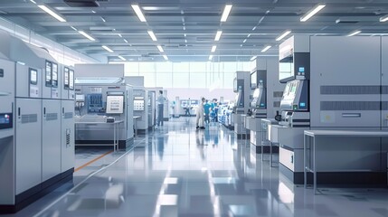 Poster - Modern industrial manufacturing facility with advanced technology equipment and engineers in white coats
