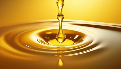 Wall Mural - Yellow olive or sunflower oil liquid drop closeup background. Organic cosmetic splashing wave on golden surface texture, orange juice flowing, motor engine fluid smooth ripple