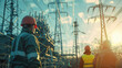 © khonkangrua - Workers in safety gear inspecting a power plant with high voltage lines and towers, silhouetted against the sunrise.