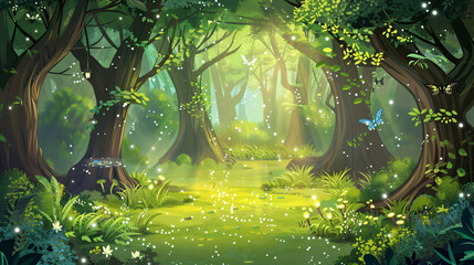 Poster - Sun shining through lush green trees in magical forest clearing with butterflies flying