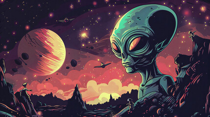 Aufkleber - Illustration of a giant alien looking on as small astronauts explore a distant alien planet