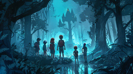 Poster - Group of young explorers discovering a mysterious treehouse in a magical forest at night