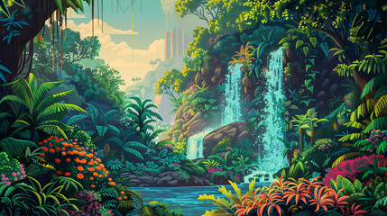 Poster - Stunning depiction of a gorgeous jungle scene with a waterfall flowing into a river and a modern city in the distance