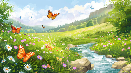 Poster - Butterflies fluttering in a picturesque green meadow beside a sunlit river