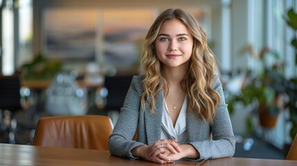 Poster - Confident Young Professional: A portrait of a young businesswoman, exuding confidence and ambition in a modern office setting. 