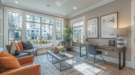 Poster - A modern study room with large windows overlooking a neighborhood, a comfortable couch, a coffee table with decorative plants, and a desk with a chair.