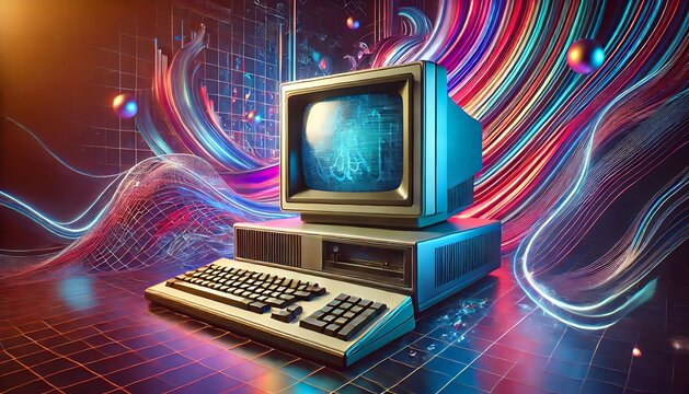 Retro computer with flickering screen and modern graphics