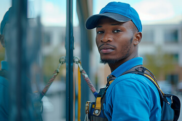 African American male cleaner wiping glass outside of building.