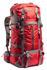 A high-capacity red hiking backpack with multiple straps and compartments, designed for extended outdoor adventures and trekking, offering optimal comfort and storage.