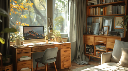 Poster - A clean desk with a computer and books sits near a window in a room with a bookshelf filled with books and framed photos.