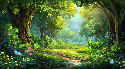 Poster - Magical sun is shining on a clearing in a lush green forest, illuminating a path by a stream in this illustration