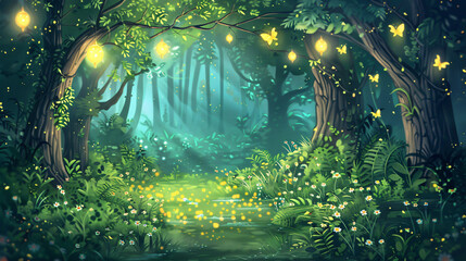 Poster - Magical firefly-lit forest with foliage and hanging lights at night