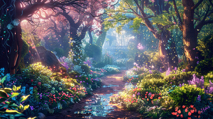 Aufkleber - Magical forest path with glowing plants and flowers illuminated by the sun shining through the trees
