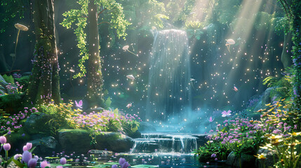 Poster - Magical waterfall with sunlit beams in a lush forest setting