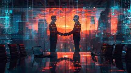 Poster - Two Businessmen Shaking Hands in a modern office in a city skyline