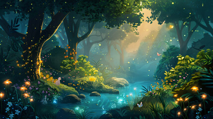 Poster - Nighttime in an enchanted forest with glowing fireflies and a tranquil stream