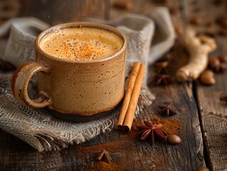 Poster - Cozy Cinnamon Infused Coffee in Rustic Ceramic Mug on Wooden Table