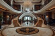 © Milos - This image highlights an opulent living space featuring a grand double staircase with ornate railings, an elegant chandelier, and luxurious furnishings, conveying pure extravagance.