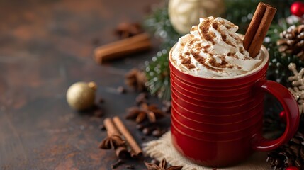 Canvas Print - Cozy Holiday Coffee with Cinnamon and Whipped Cream in a Festive Cup