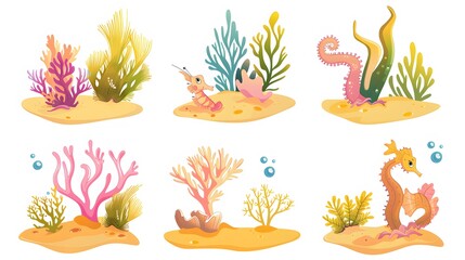 Wall Mural - Coral reef design elements isolated on white background. Modern cartoon illustration of underwater seabed or aquarium bottom design elements, colorful aquatic plants collection, marine nature life