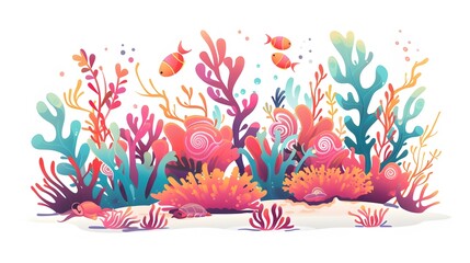 Wall Mural - Coral reef design elements isolated on white background. Modern cartoon illustration of underwater seabed or aquarium bottom design elements, colorful aquatic plants collection, marine nature life