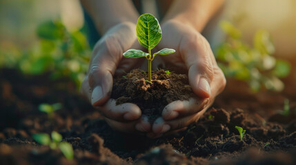 Canvas Print - Close-up of hands holding soil with a small seedling, symbolizing growth, nurturing, and environmental care.