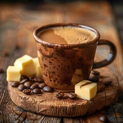 Wall Mural - Rustic Mug of Freshly Brewed Bulletproof Coffee on Wooden Table with Coffee Beans