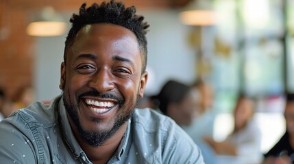 Sticker - Authentic Joy: A young Black man beams a genuine smile, radiating positivity and confidence in a vibrant office setting. 