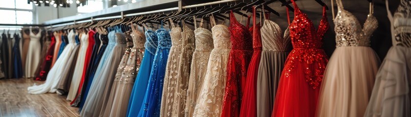 Poster - A row of dresses in a store, with the most prominent being a red dress. The dresses are all different colors and styles, and they are hanging on racks. The store is brightly lit