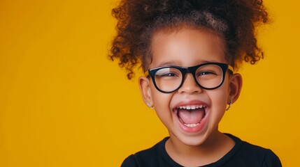 Wall Mural - A young girl with curly hair is wearing glasses and smiling. She is wearing a black shirt and she is happy