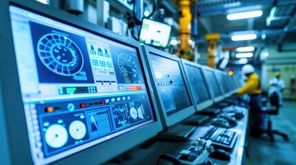 Poster - A computer room with several monitors and keyboards. The monitors are displaying various graphs and charts. The room is well lit and organized, with a comfortable atmosphere