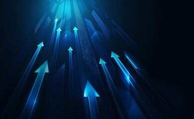 Poster - An abstract background featuring multiple glowing blue arrows pointing upwards with a gradient dark blue backdrop. The design exemplifies a sense of progress, movement, and direction.