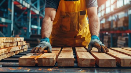 A man in a yellow apron is working with wood, sawing it with a saw. Concept of hard work and dedication to the task at hand