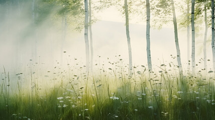 Wall Mural - landscape spring morning in the forest among young greenery in nature, fog at dawn