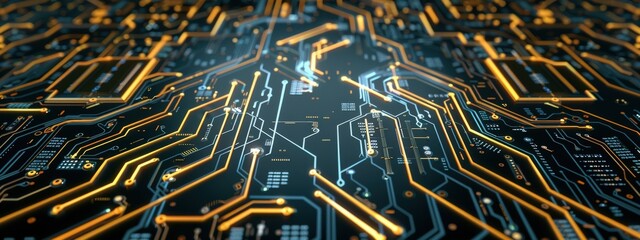 Poster - A close up of a computer chip with orange and black lines. Concept of complexity and intricacy, as the many lines and circuits are densely packed together