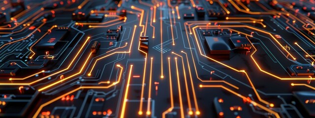 Poster - A close up of a computer chip with orange and black lines. Concept of complexity and intricacy, as the many lines and circuits are densely packed together