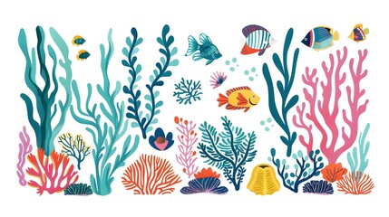 Wall Mural - Coral reef design elements isolated on white background. Modern cartoon illustration of underwater seabed or aquarium bottom design elements, colorful aquatic plants collection, marine nature life