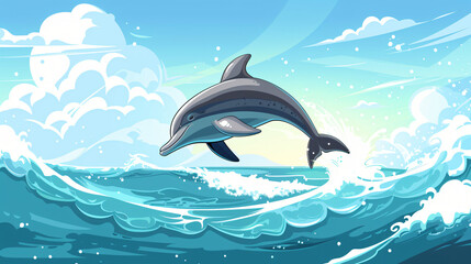 Poster - Lively dolphin jumps out of the water against a sunny sky and fluffy clouds in the background