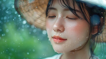 Wall Mural - closeup of a japanese young girl face wet in water drops