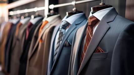 A row of clothes hanging on a rack, including a blue jacket and a brown jacket. The clothes are neatly hung and organized