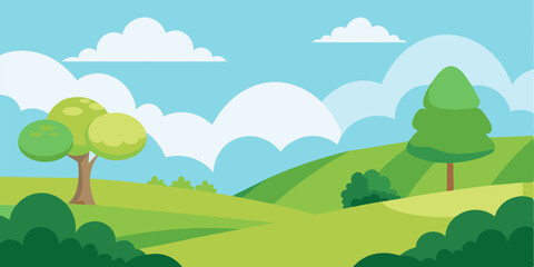 Scenic cartoon landscape with lush green trees and grass.