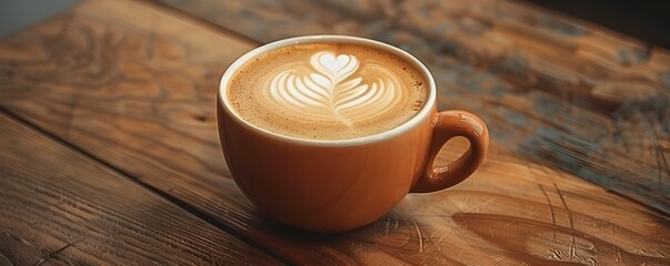 Canvas Print - Close up of a Latte with Leaf Design in Foam on a Wooden Cafe Table