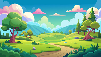 Wall Mural - Scenic cartoon landscape with lush green trees and grass.