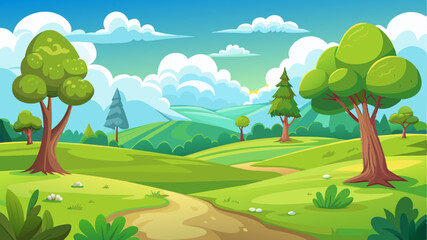 Wall Mural - Scenic cartoon landscape with lush green trees and grass.